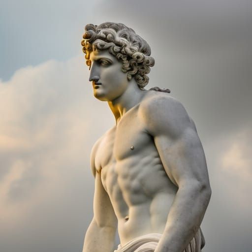 Marble Greek God Statue in Dramatic Sunlight