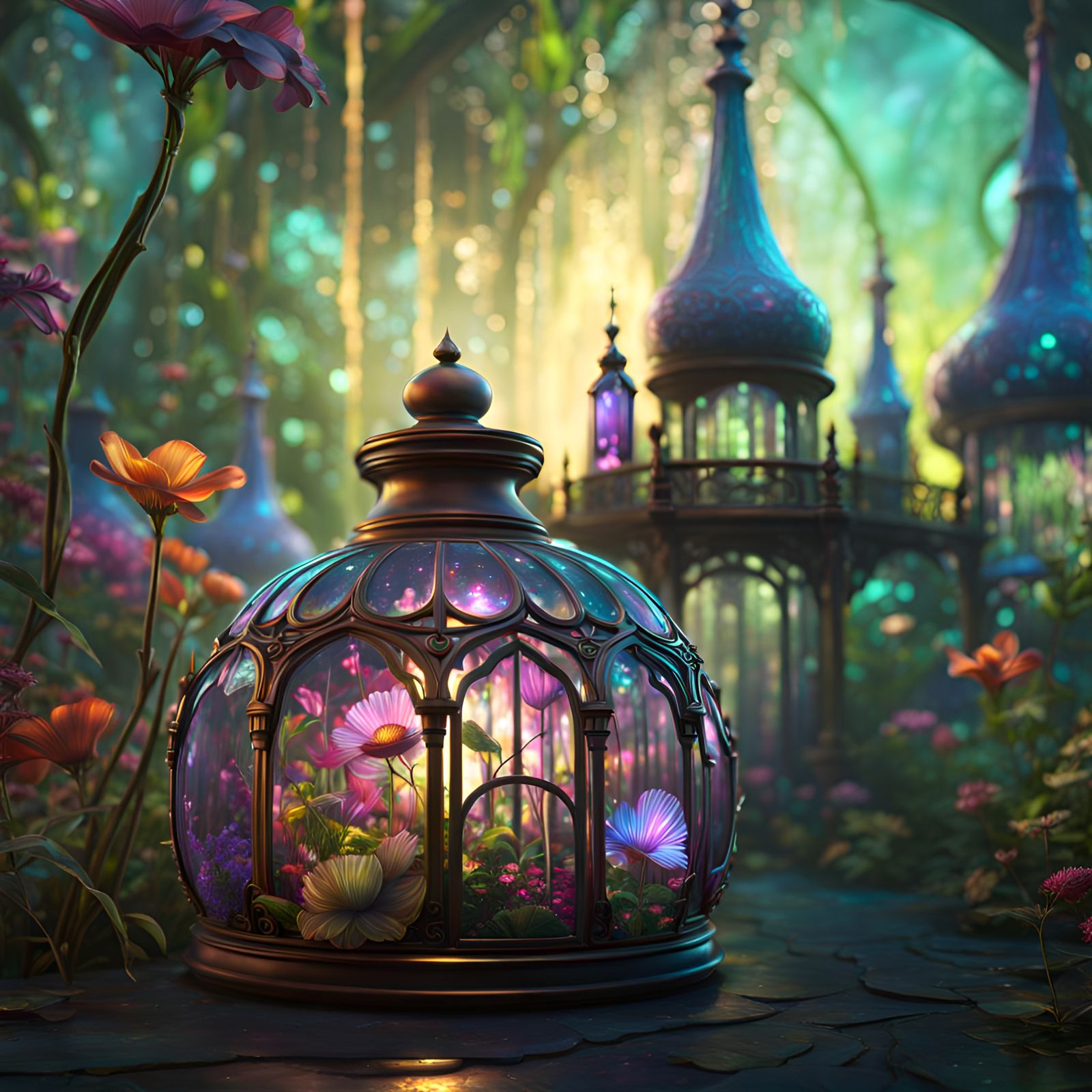 Fairy Greenhouse evolved from a tall carnival glass bottle