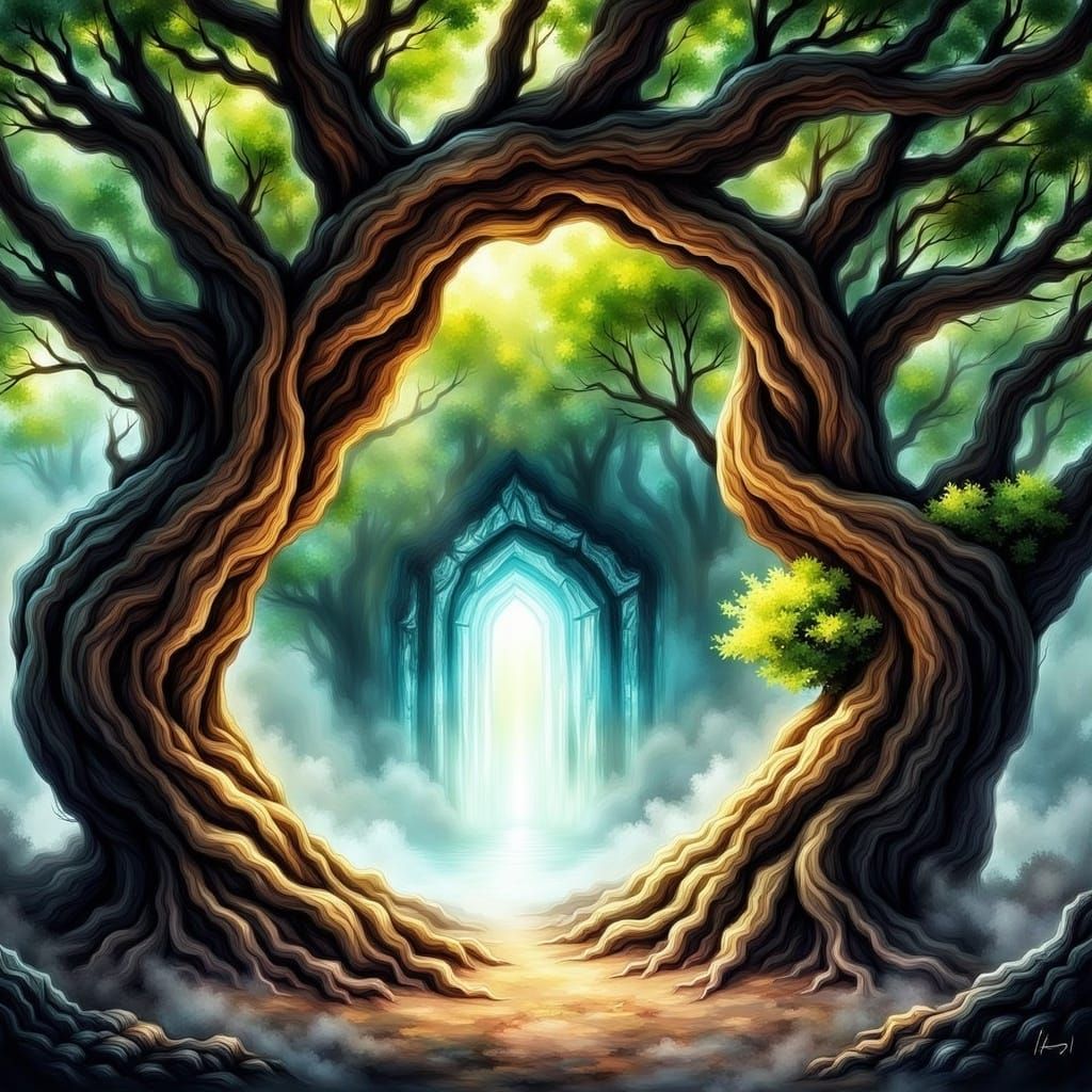 <lora:FluxWispy:1.0> two oak trees bent together to form an arch, inside the arch is a gateway to a magical world of mys...