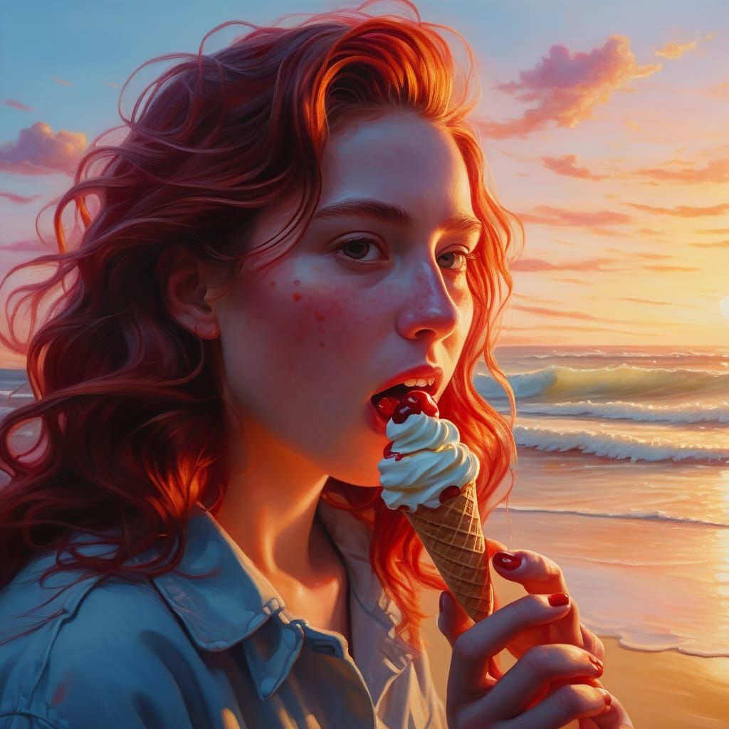 Surreal Beach Scene with Ice Cream, Oil Painting