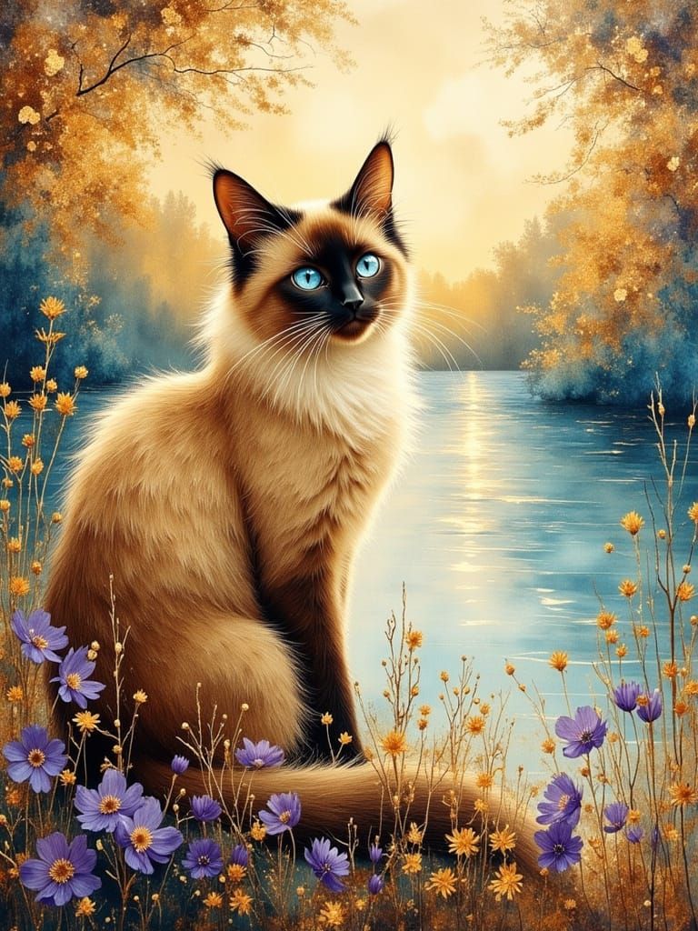 Long-Haired Siamese Cat in Dreamscape Landscape