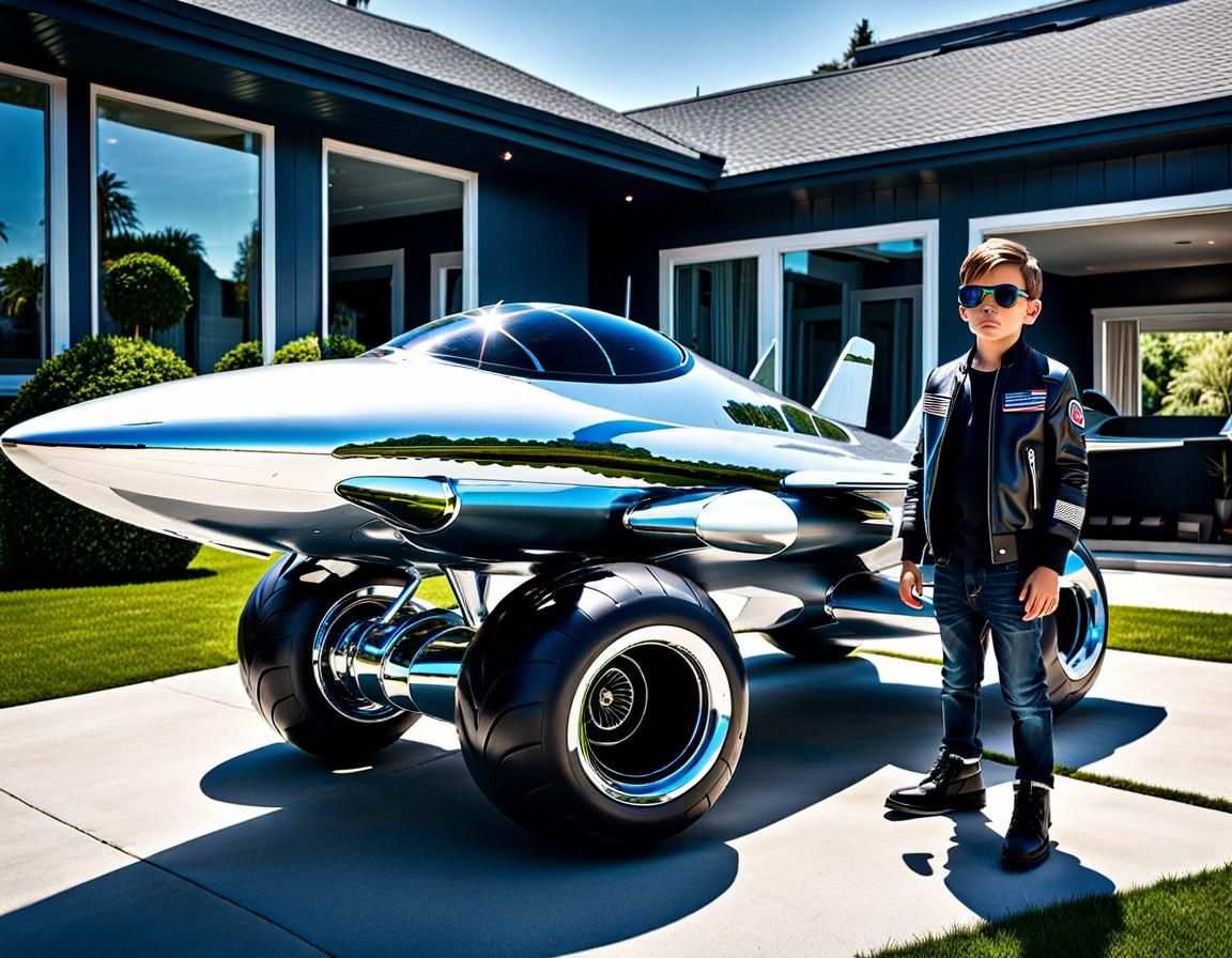Boy Inspects Futuristic Jet Fighter in Suburbia