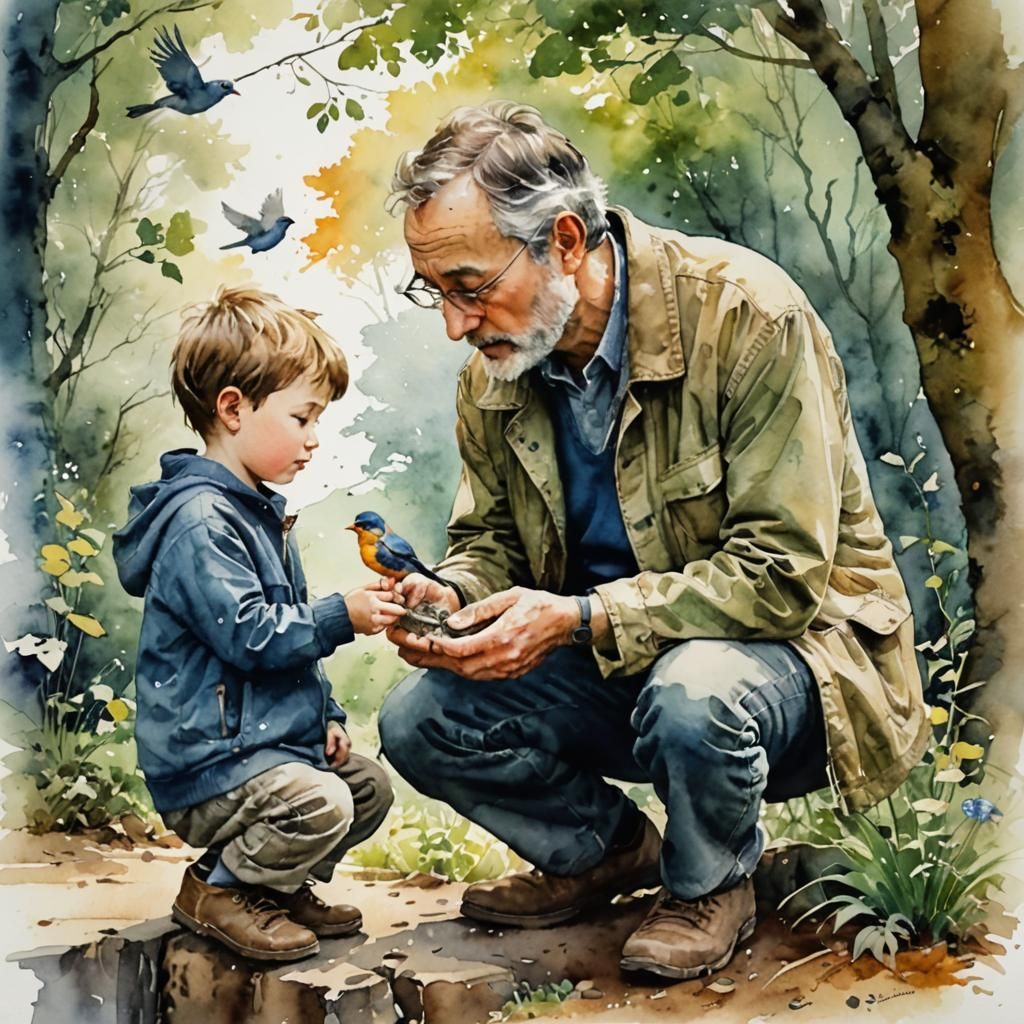Watercolor Father and Son Learn About Nature