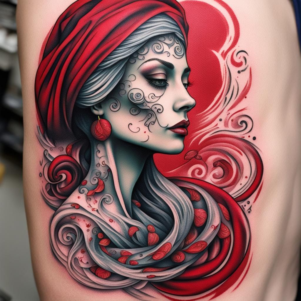 Ghostly Woman Tattoo with Red Headscarf