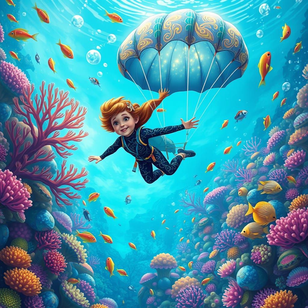 Girl Skydiving in Coral Reef Fantasy Art