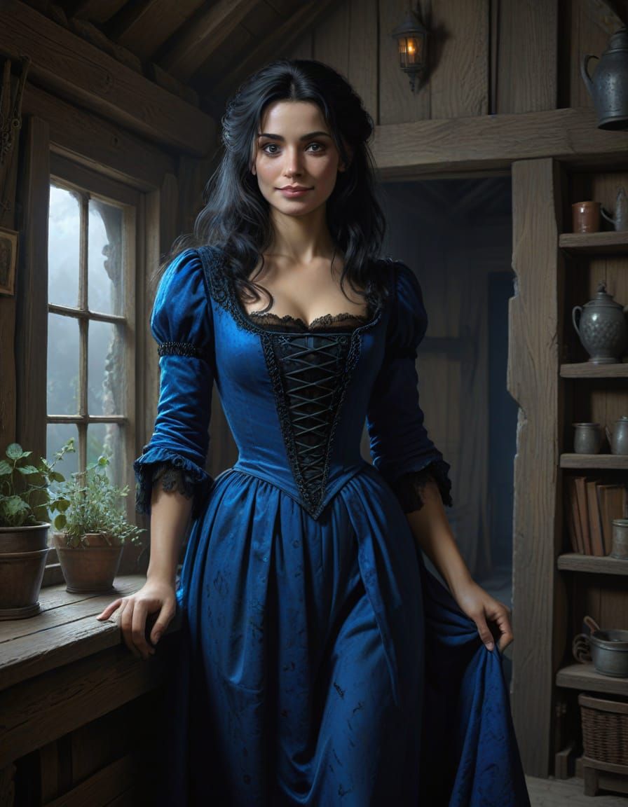 Medieval Woman Smiles Within Cozy Cottage in Dark Gothic Sty...