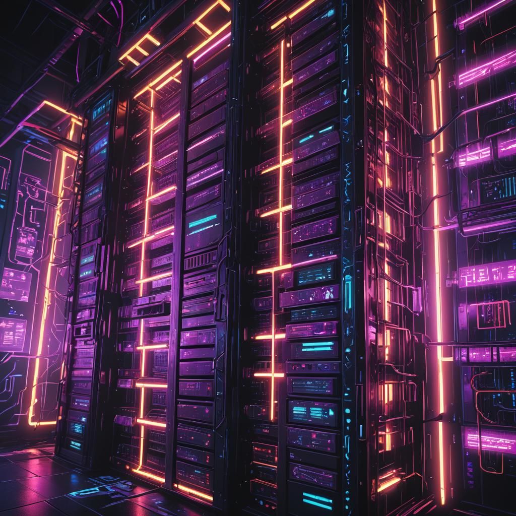 Cyberpunk Server Room with Glowing Neon Lights
