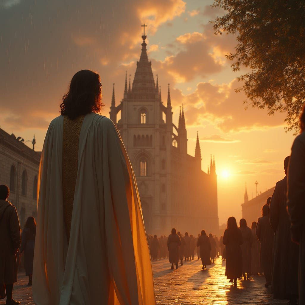 Jesus Christ in Elegant White Robe, Ignored by Busy Crowd ne...