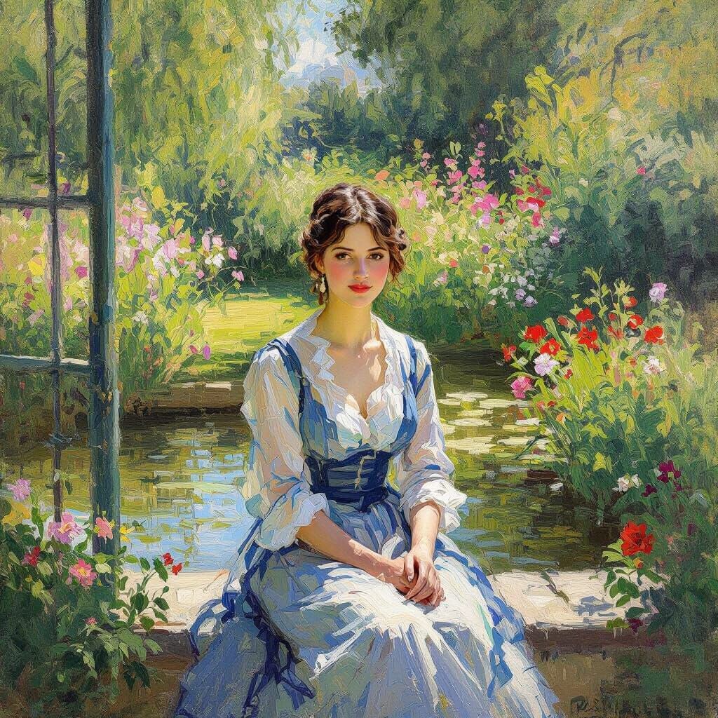 Serene Woman in a Lush Impressionistic Garden