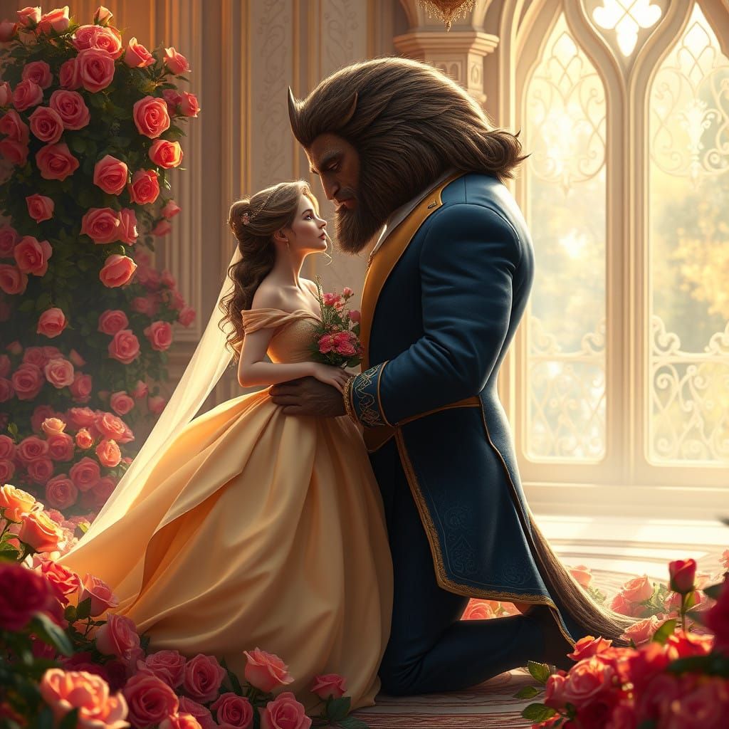 Bella and the Majestic Beast in a Lavish Palace Setting