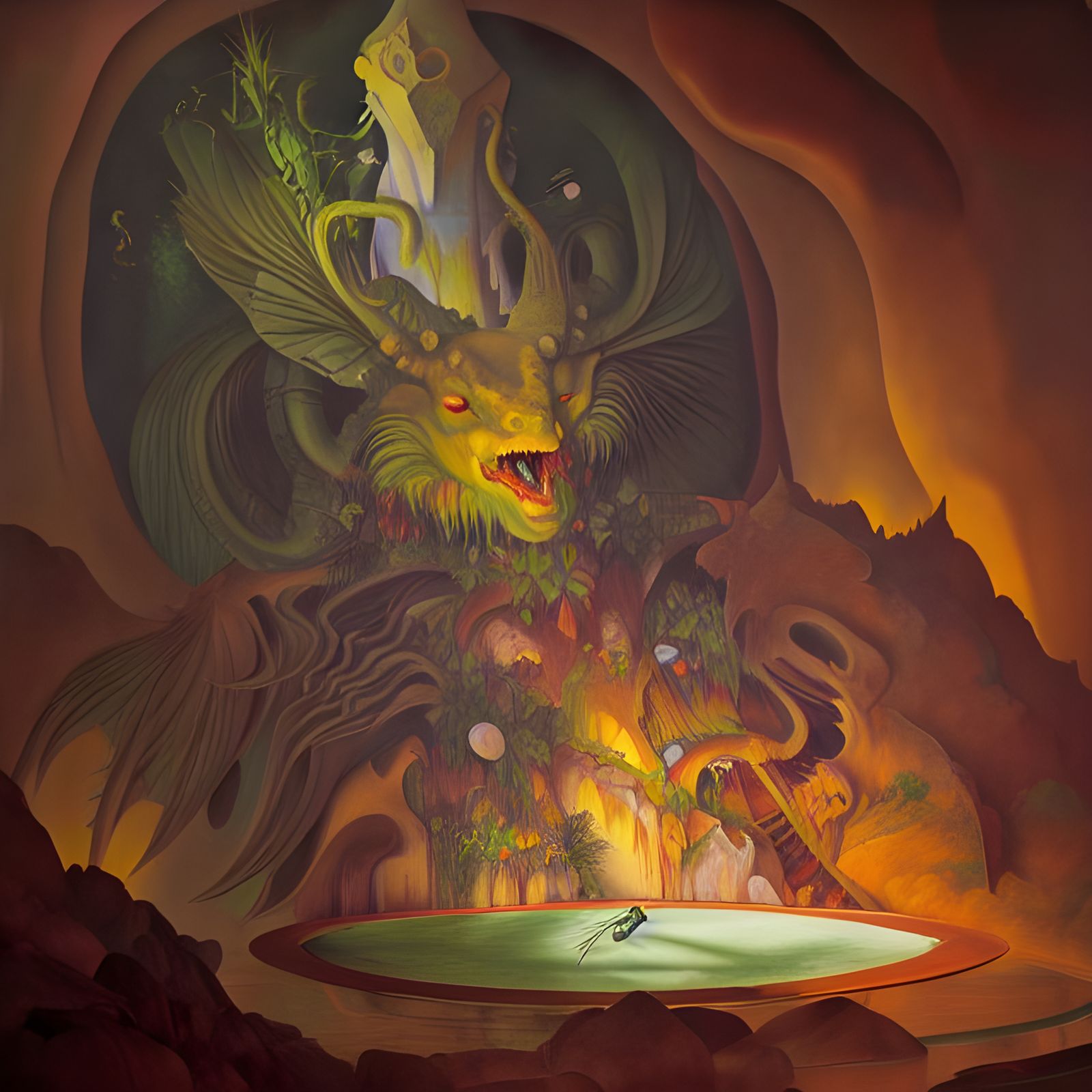 Surreal Green Demon in Grotto Garden: Digital Art