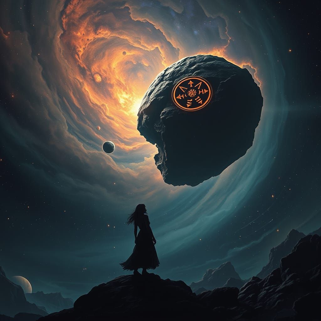 Cosmic Figure Reaching for Broken Asteroid in Dark Fantasy S...