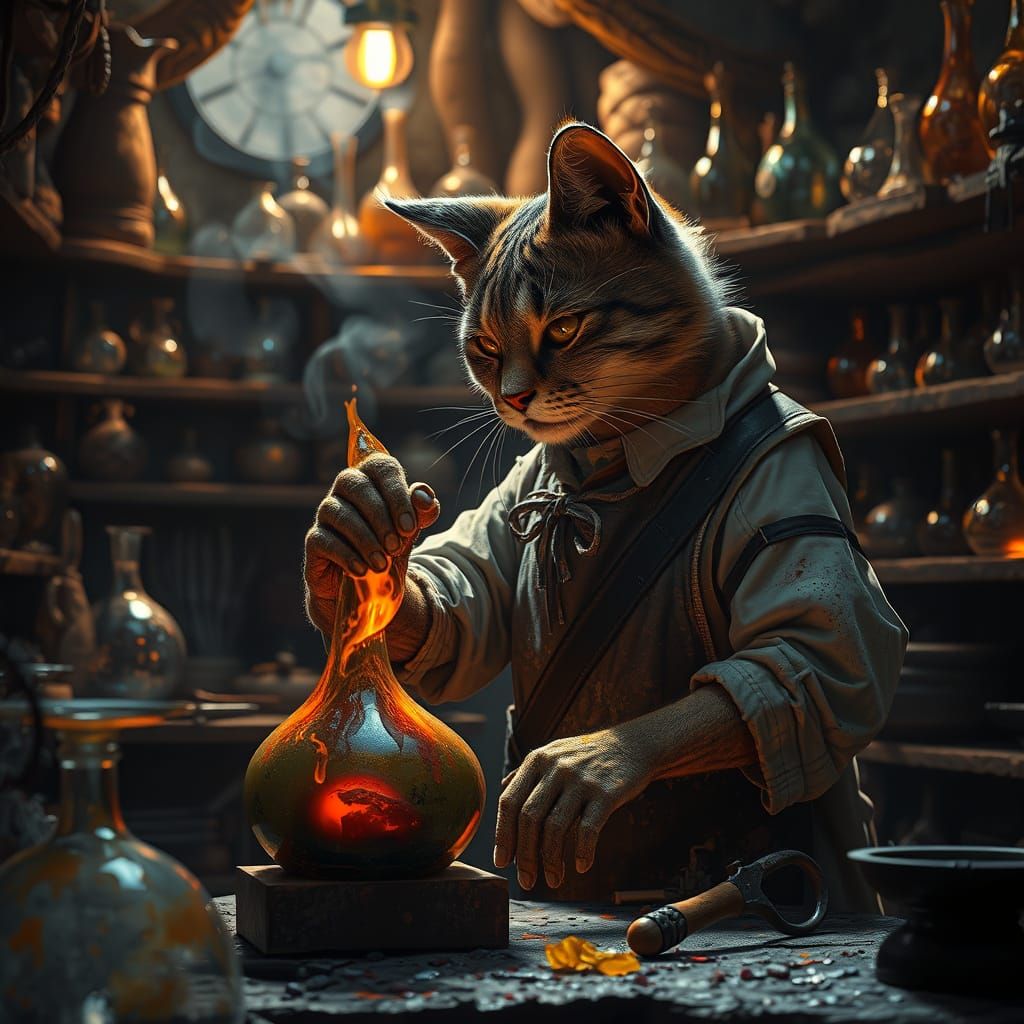 Cat Artist Crafts Glass Sculpture in Dim Workshop
