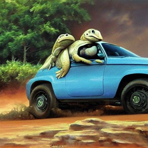 Turtle Drives Car in Oil Painting Style