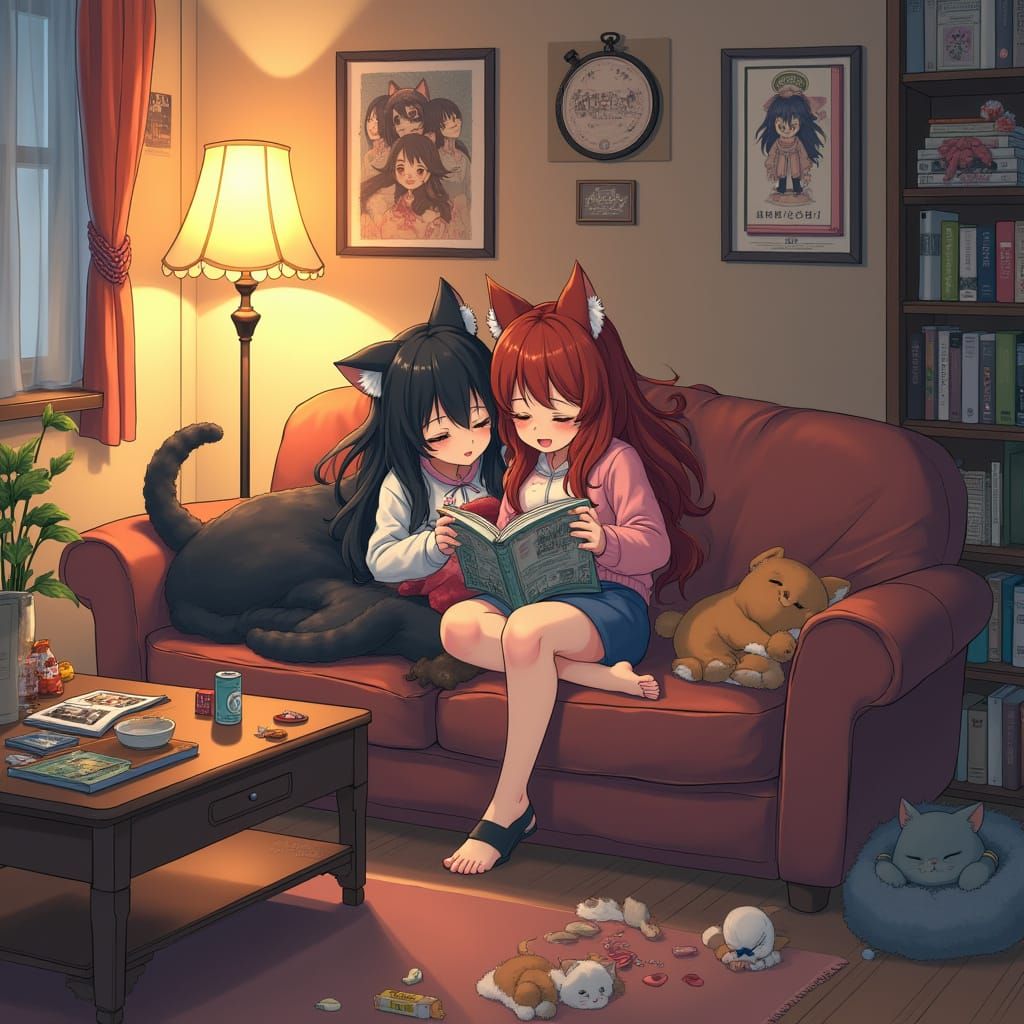 Cozy Catgirl Sanctuary in Warm, Ambient Light