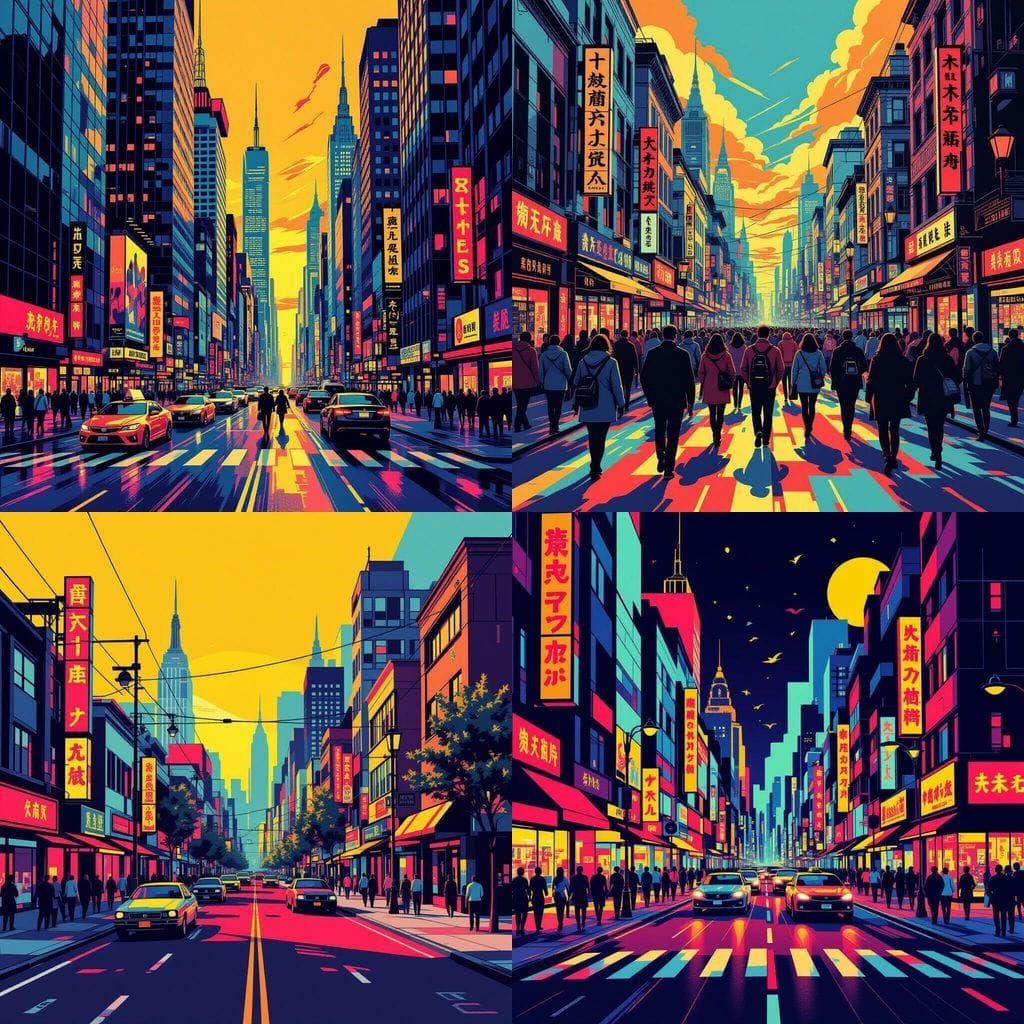 Vibrant Pop Art Street Scene in Triadic Colors