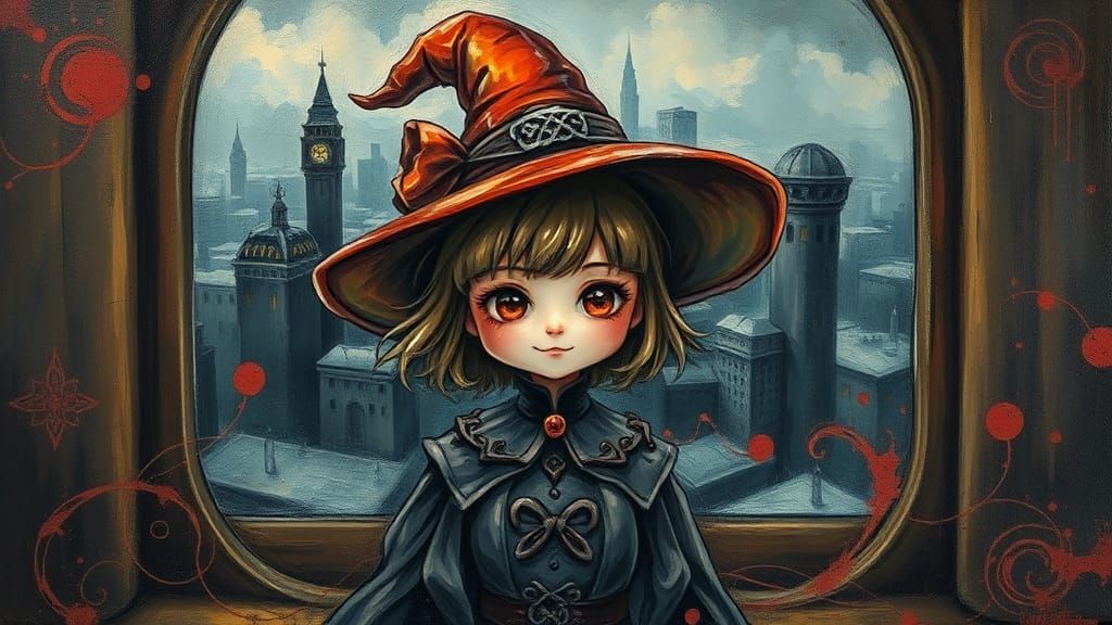 Chibi Witch with Impasto Strokes and Cityscape