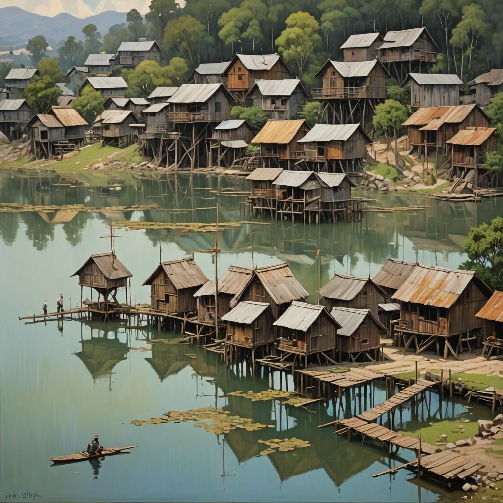Stilt Town on Lake in Oil Painting Style