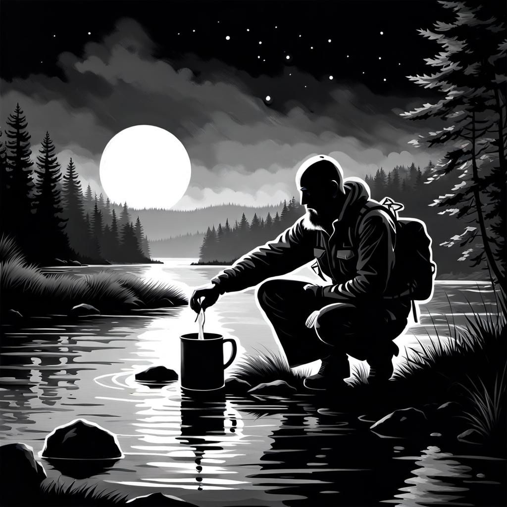 Sfumato Silhouette: Man by River at Night