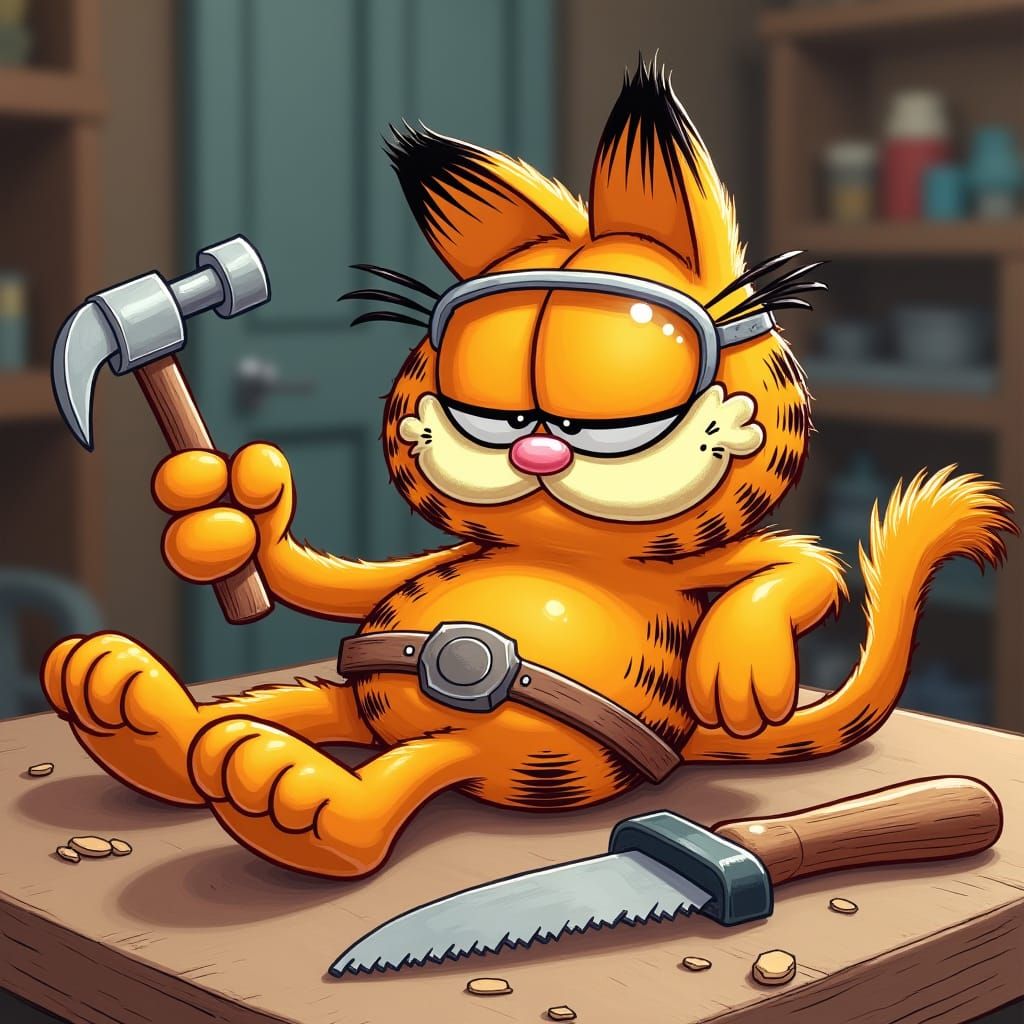 Garfield the Cat as Carpenter with Tools