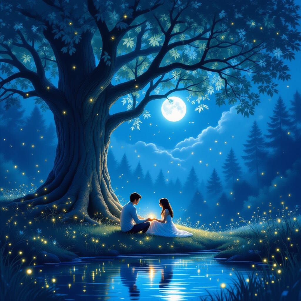 Lovers Beneath a Luminous Moonlight Tree