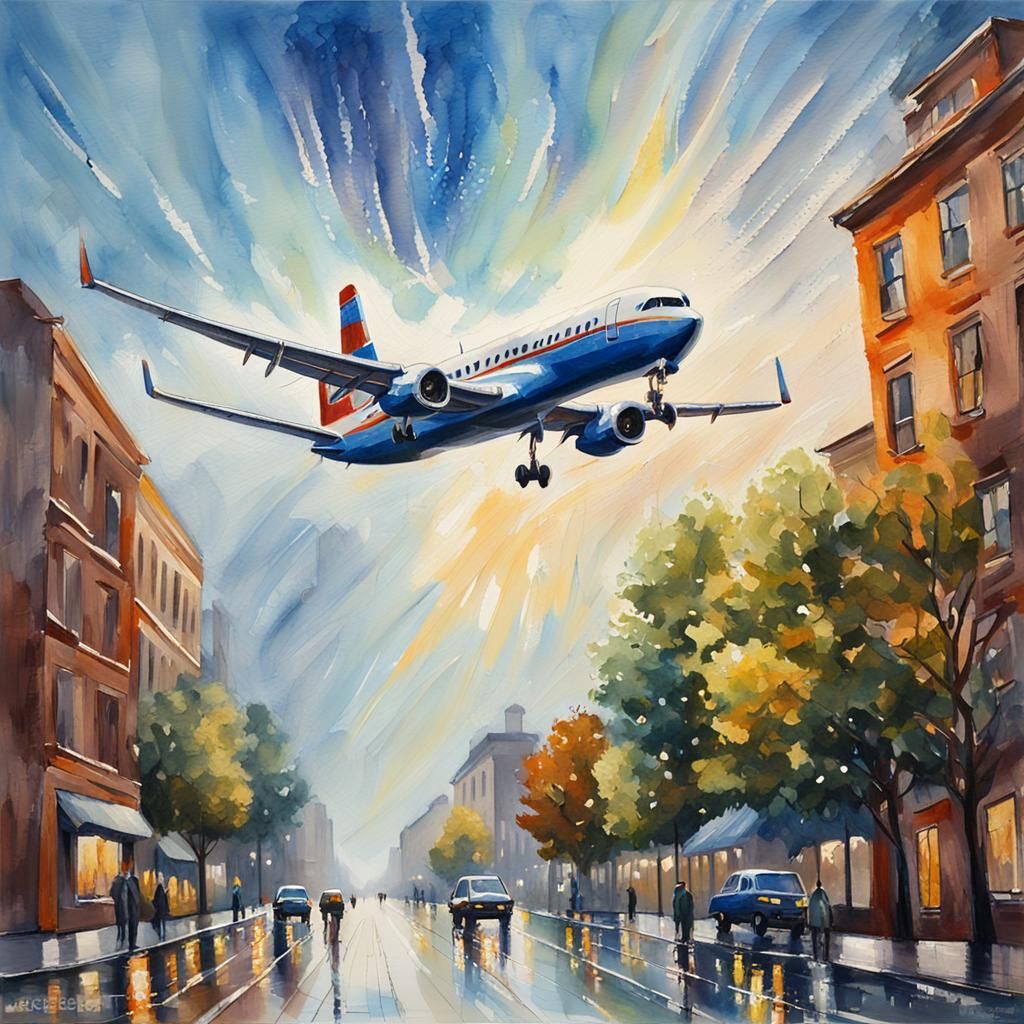 Aircraft Over City in Gouache Impressionist Style