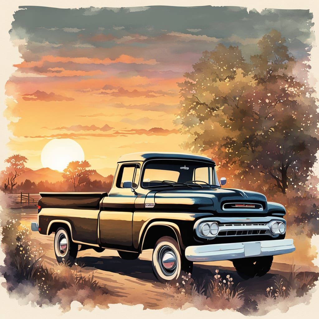 Vintage Apache Pickup Truck in Sunset Riverbank Scene