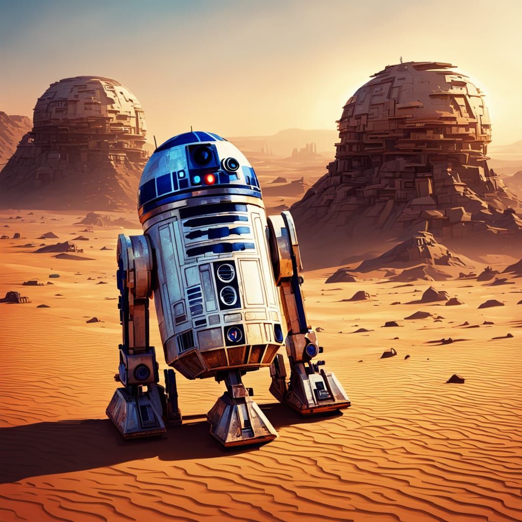 R2D2 in Desert Sunset: Sci-Fi Digital Art