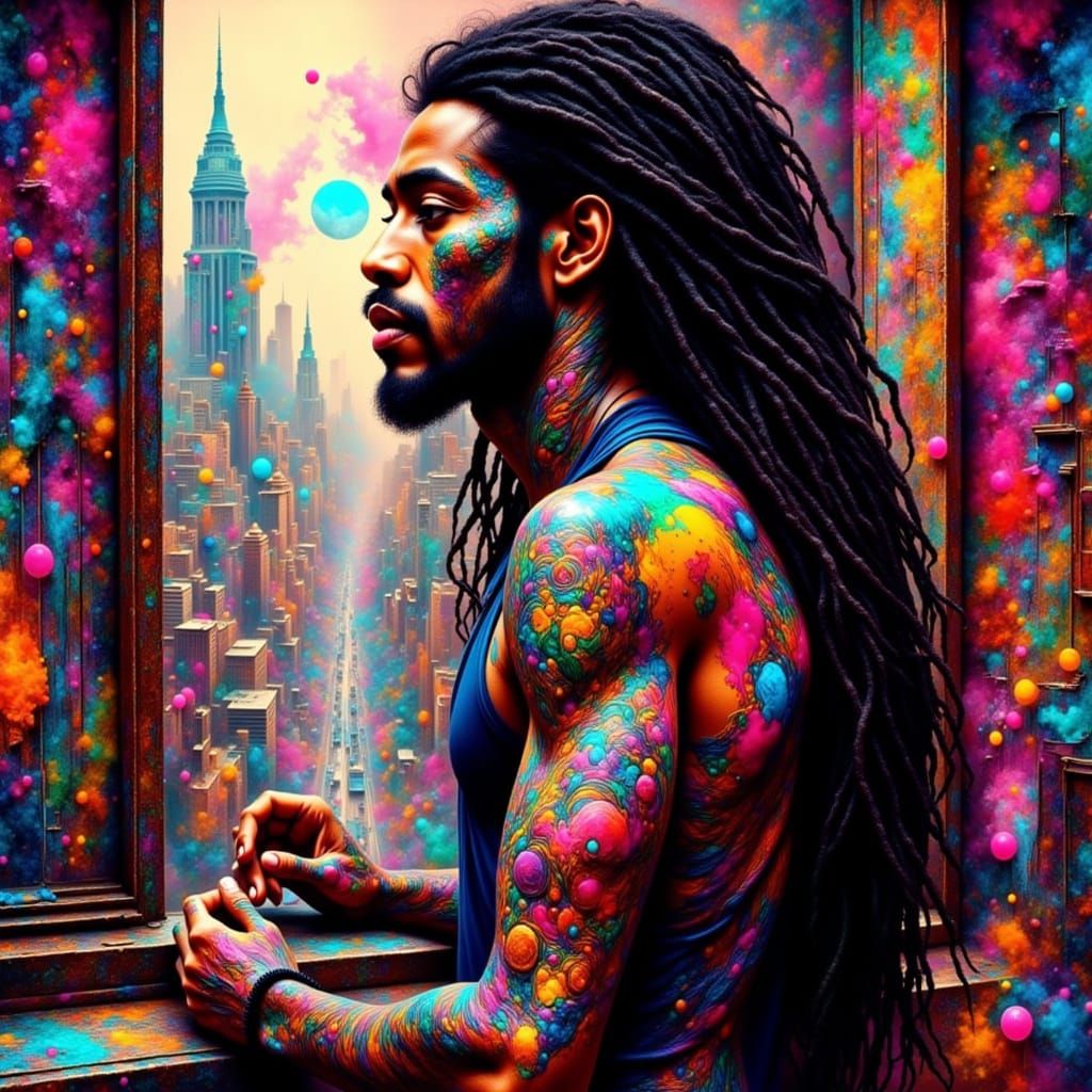 Man with Dreadlocks Gazes at Neon Graffiti Streetscape