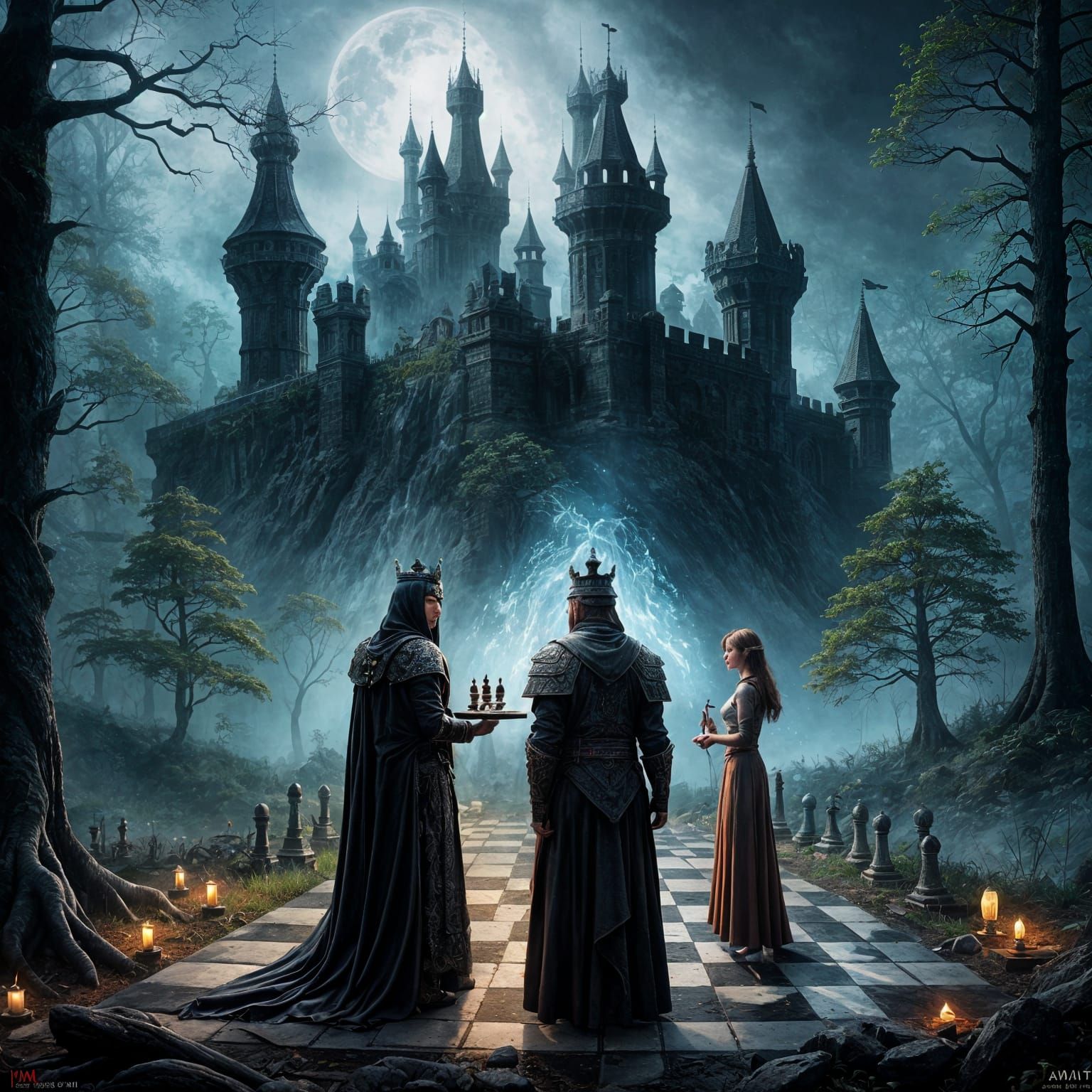 Mystical Chess Game in Misty Forest: Hyperrealistic Art