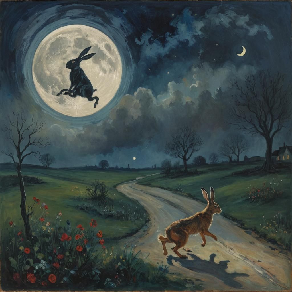 Hare and Vampire Chase in Dreamlike Nocturnal Scene