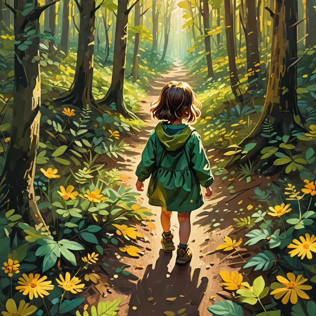 Girl Walks in Forest: Vibrant Digital Painting