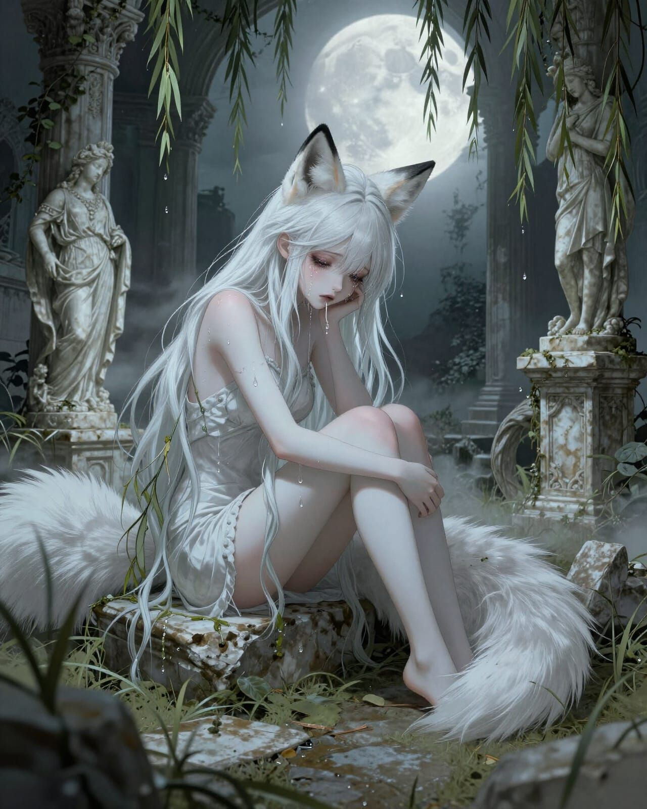 Melancholic Fox Girl in Ancient Elven Ruins