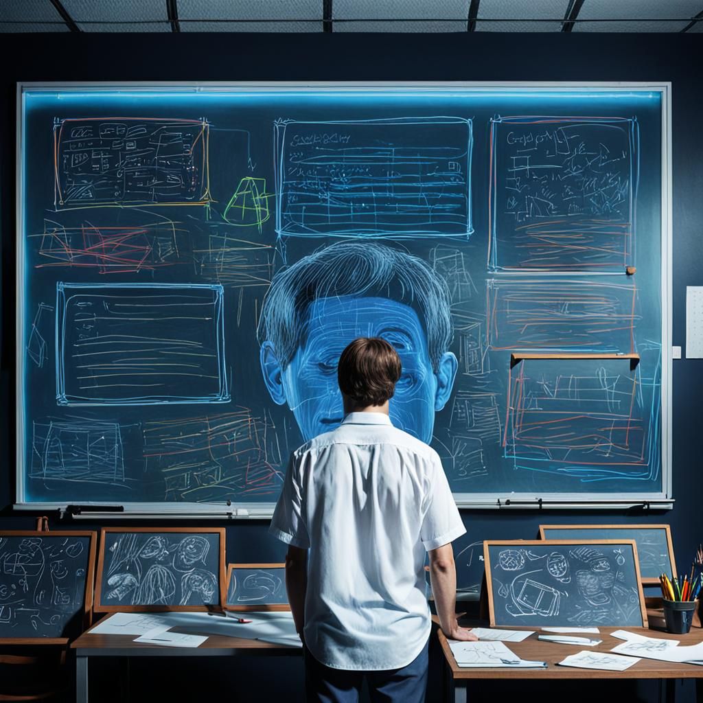 Man at Glass Blackboard in High-Tech Photography Style