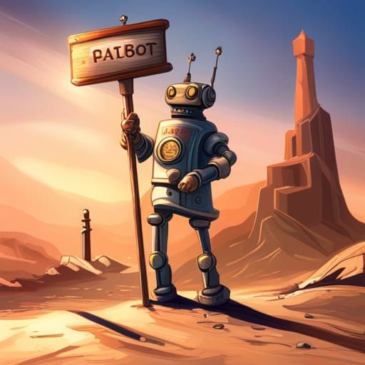Steampunk Robot in Desert Holding Sign