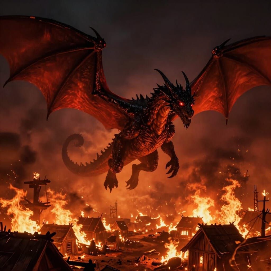 Shadow Dragon Over Burning Village in Epic Fantasy Style