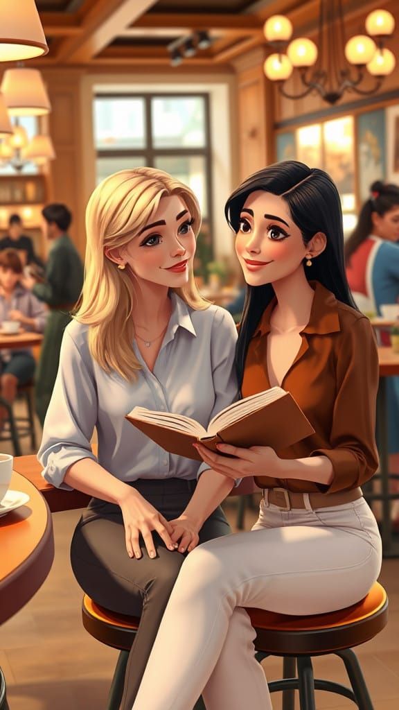 Two Women Share a Moment at a Bustling Cafe, in Disney Pixar...