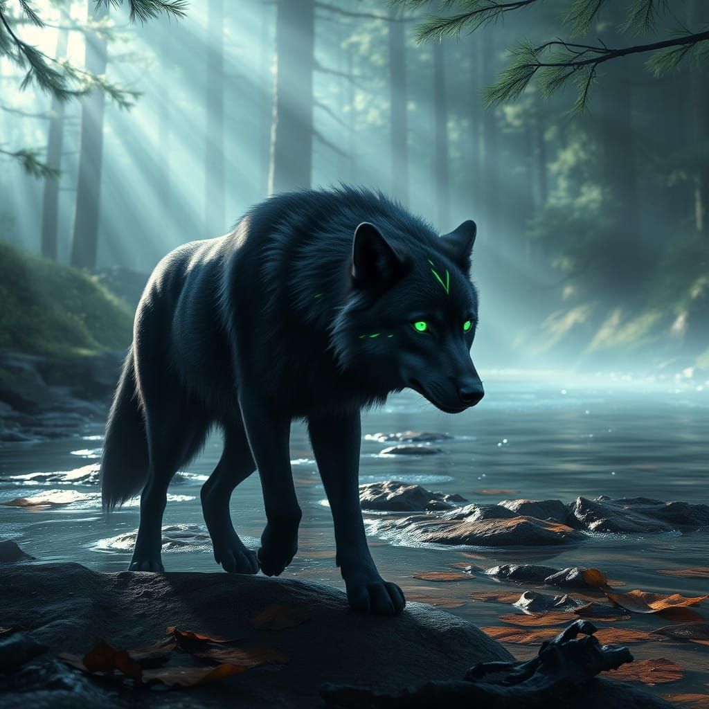 Majestic Black Wolf in Iridescent Green Forest