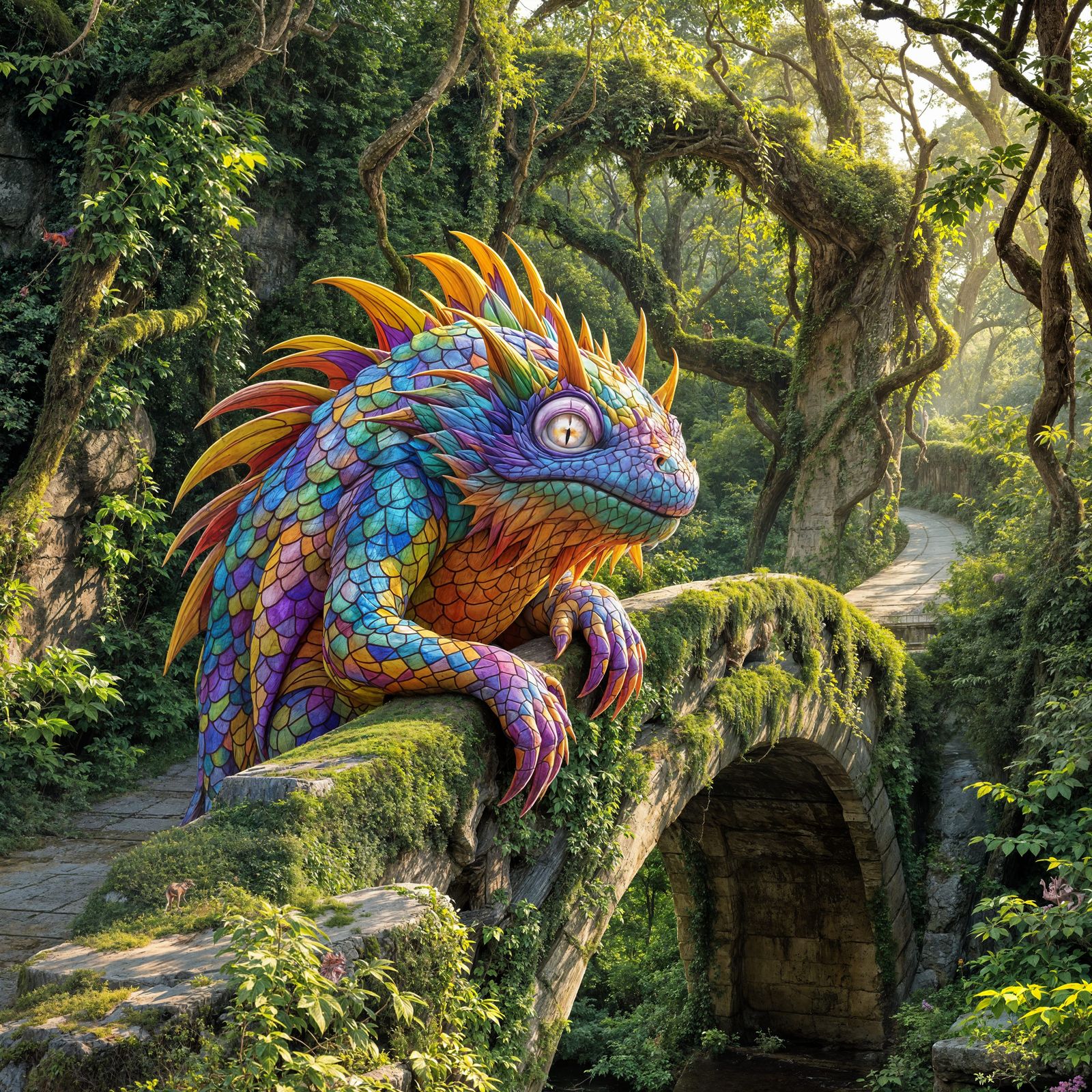 Vibrant Monster Lurks on Ancient Bridge