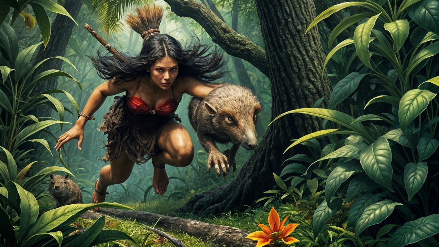 Prehistoric Warrior Pursues Capybara in Surreal Jungle