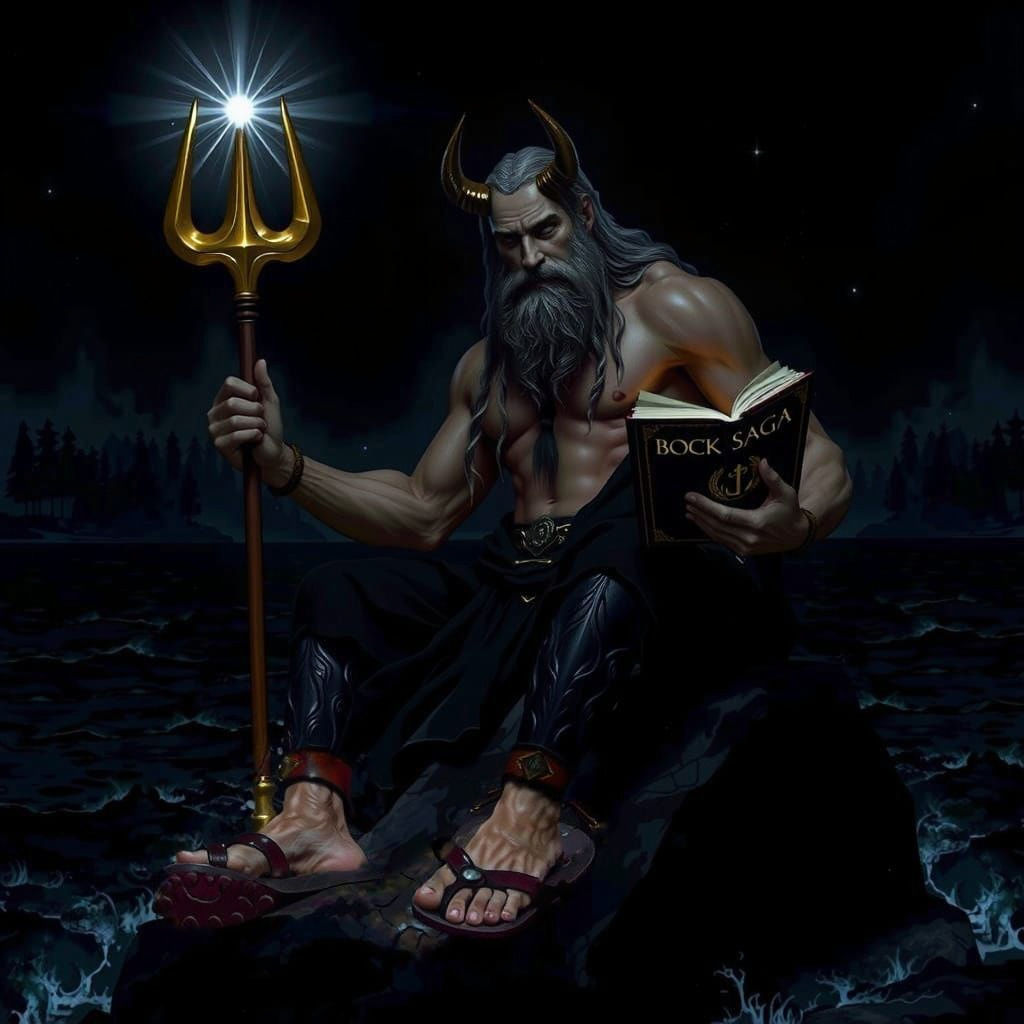 Poseidon Reading Book Saga on a Rock