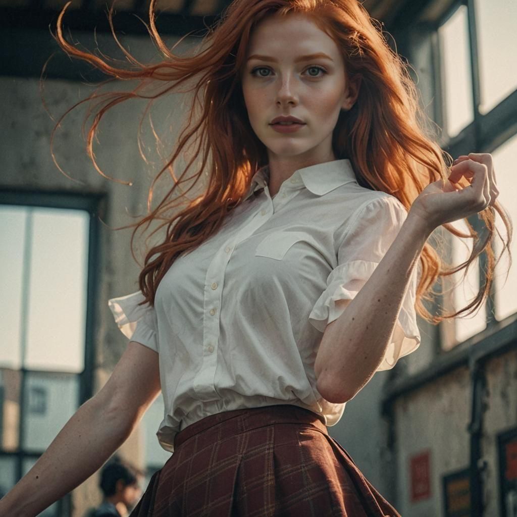 Redhead Girl in Skirt: Cinematic Film Still