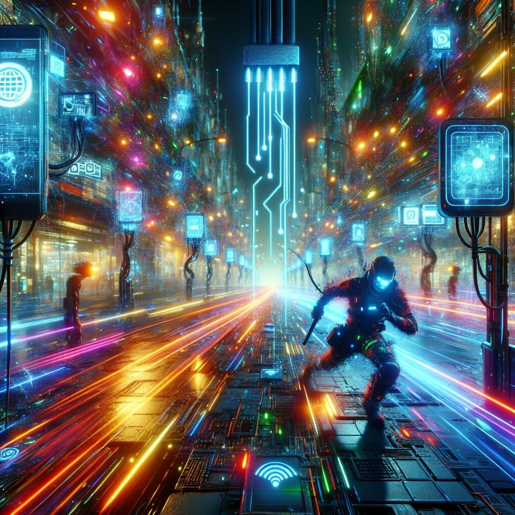 Cyberpunk Cityscape: Glowing Data Streams Connect Devices