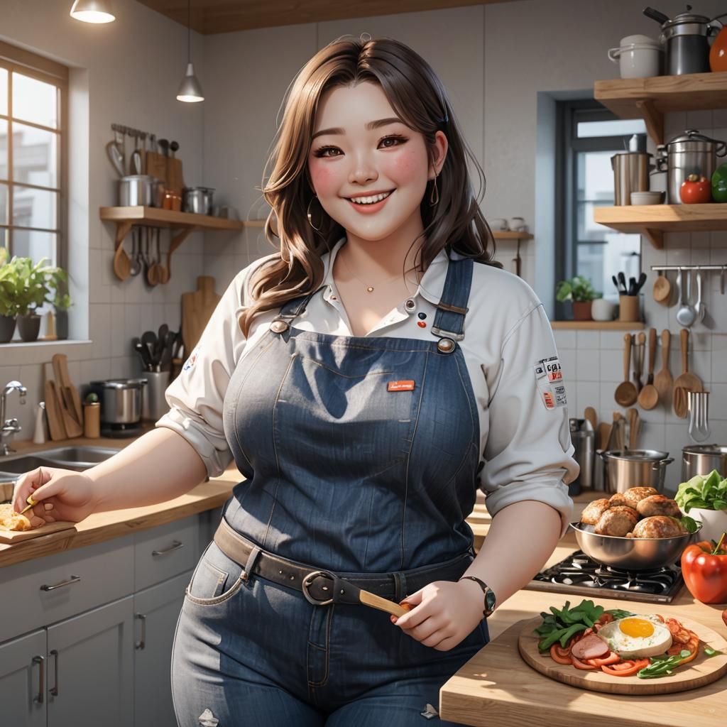 Chubby Girl in Modern Kitchen: 3D Anime Art