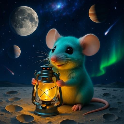 Aqua Chibi Mouse on the Moon: Hyperrealistic Photo
