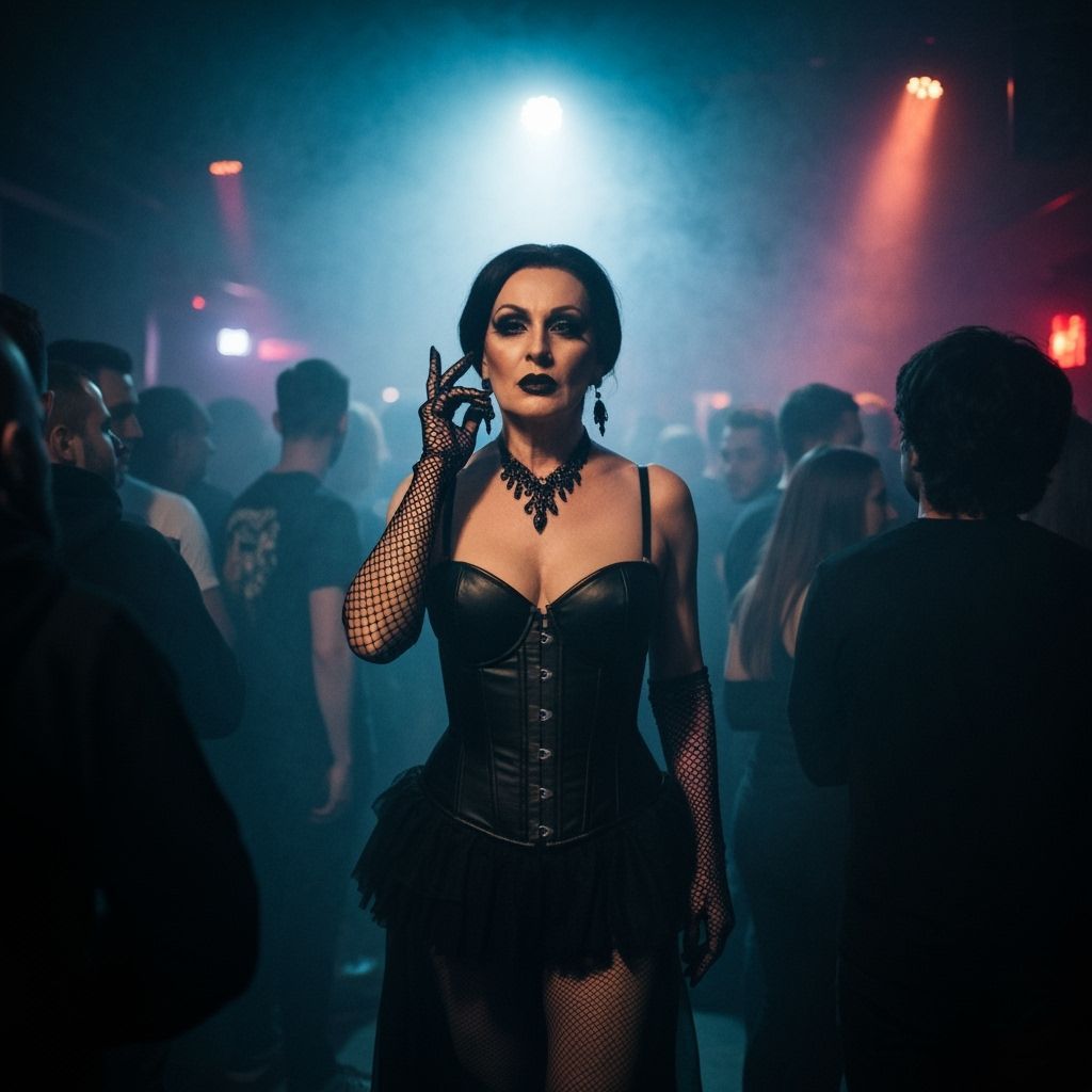 Gothic Cross-Dresser in Smoky Nightclub Atmosphere