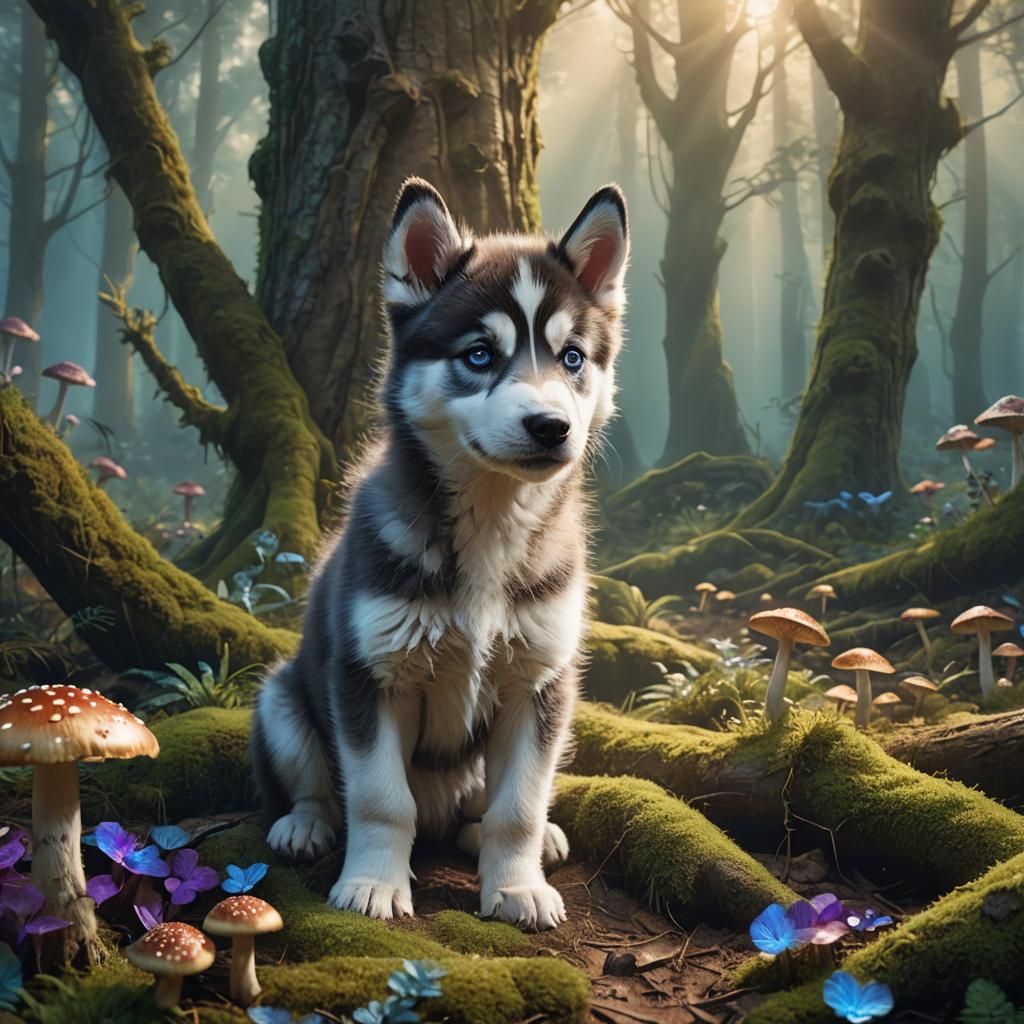 Husky Puppy in Mystical Forest: Digital Art