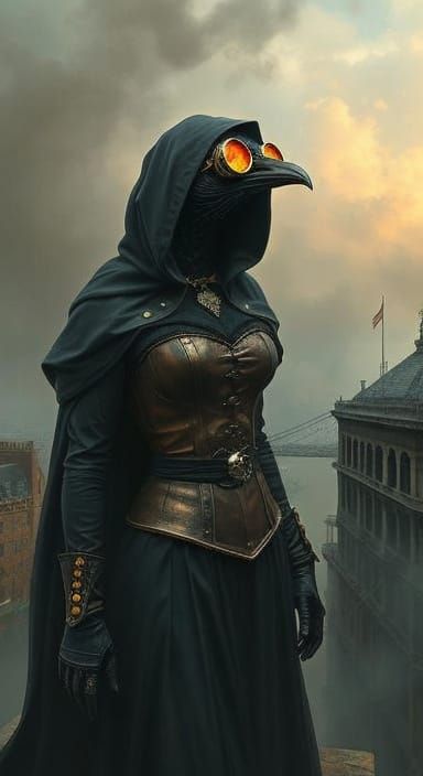 Steampunk Widow and Mechanical Raven in Victorian London