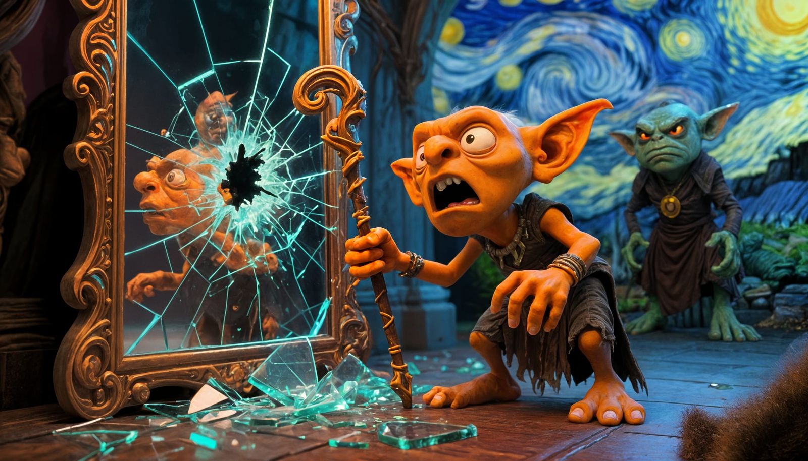 Goblin Shaman Shatters Mirror in Dynamic Fantasy Art