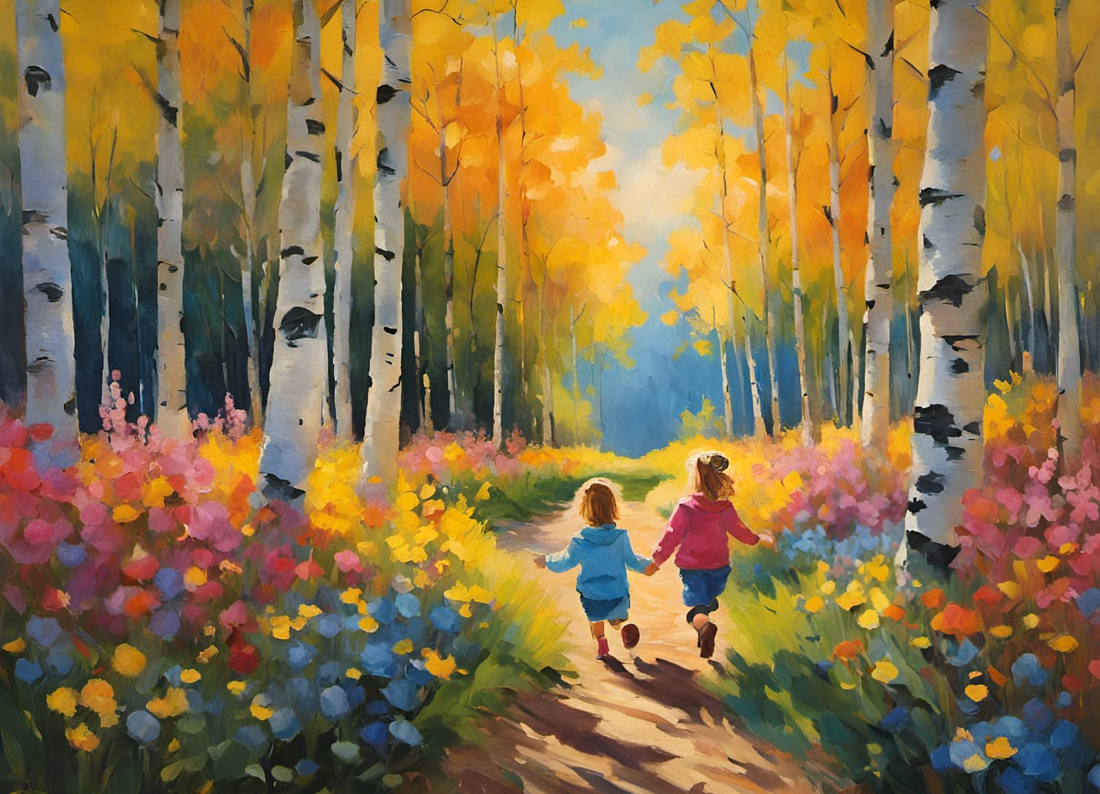 Children Run Through Aspen Grove, Impressionist Painting